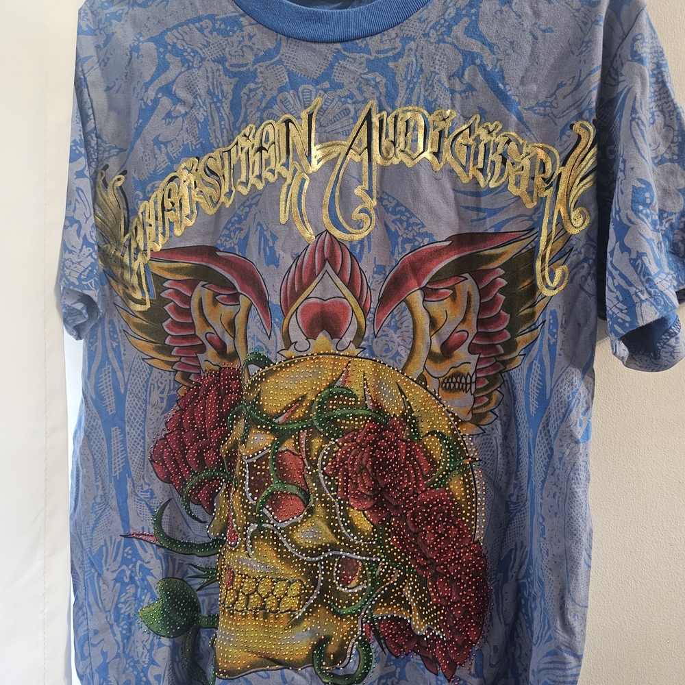 Ed Hardy Blue and Gold Graphic Tee